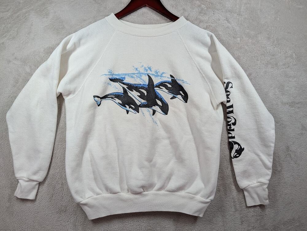 VTG 90s Sea World Shamu Crewneck White Sweater Killer Whale Seaworld Theme Park*
